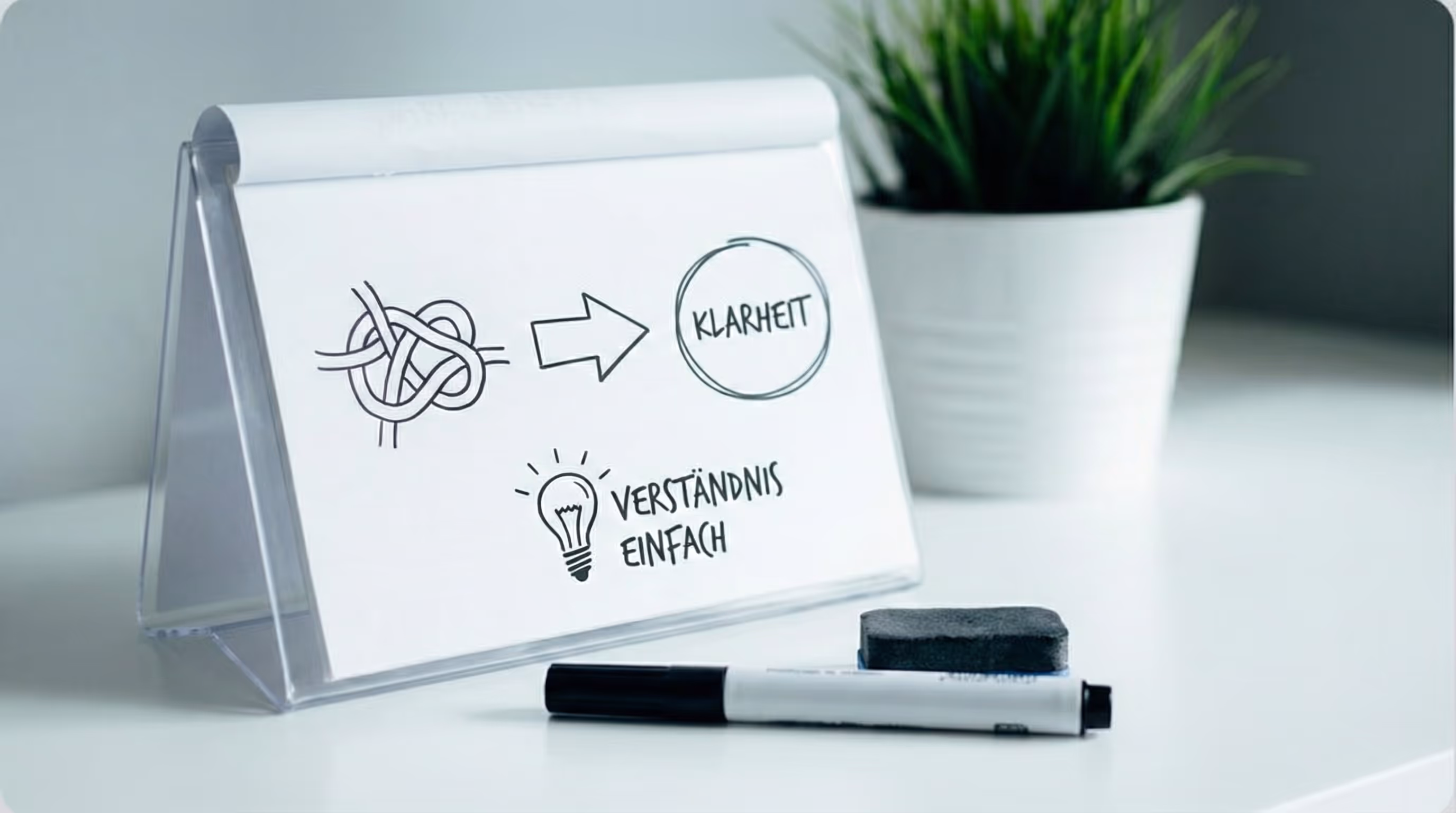 A grayscale photograph of a desk with a notebook, pen, smartphone, and a potted plant.